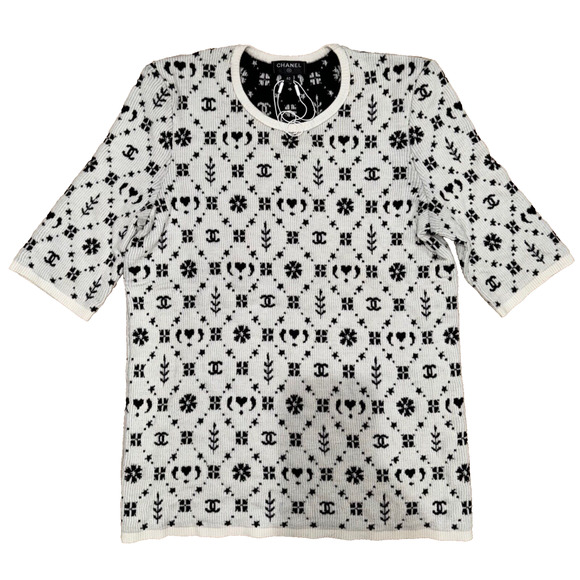 Chanel 19K Coco Neige Black White Wool CC Logo Top Short Sleeve Tee T Shirt 40 - Picture 2 of 16